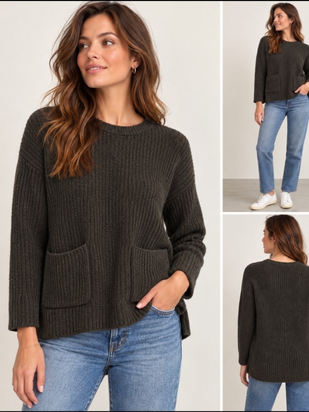 Madewell Olive Ribbed Crewneck Sweater with Front Pockets